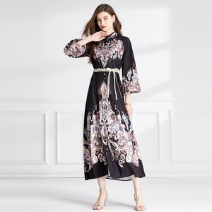 Manches lanternes Noir Femmes Maxi Robe Robe De Luxe Designer Vintage Élégant Col Montant Slim Party Boho Robes Avec Ceinture 2023 Automne Hiver Piste Vacances Robes