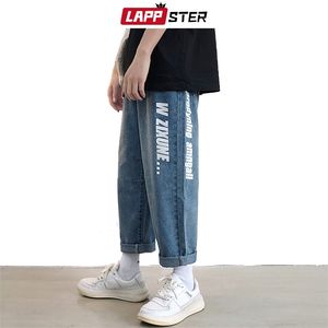 LAPPSTER Men Carta Blue Jeans Harem Pants Streetwear Striaght Denim Harajuku Hip Hop Holgado de piernas anchas 210420