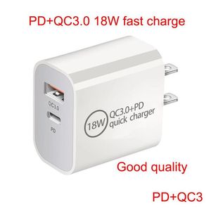 Adaptateurs pour ordinateurs portables Chargeurs 18W PD Type C Chargeur rapide Qc3.0 USB Adaptateur d'alimentation double port de haute qualité pour téléphone 13 Pro Max S10 S20 Smart Othzi