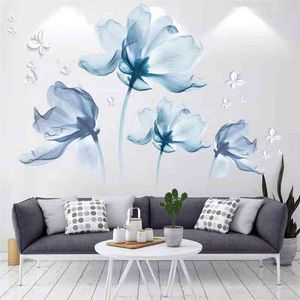 Gran 3D Flor Azul Mariposa Sala de estar Dormitorio de la boda Decoración Vinilo Pegatinas de pared DIY Decoración moderna para el hogar Arte de la pared Poster 210914