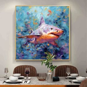 Grande peinture à l'huile de requin abstraite sur toile, minimaliste, personnalisée, animaux, beaux-arts, images murales modernes pour décoration de chambre d'enfants, cadeaux