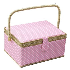 Grand panier avec accessoires, boîte de rangement en bois et rangement pour travaux manuels, kit de couture, outils pour la réparation de couture, pois (rose)