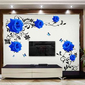 Grandes flores de rosas azules Sofá / TV Fondo Etiqueta de la pared Decoración del hogar DIY Dormitorio Sala de estar Mural Art Calcomanías Póster Pegatinas 210615