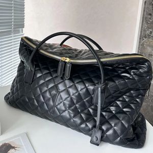 Bolso de viaje de gran capacidad Bolsos de mano negros Bolso de cuero genuino Cuero de vaca Enrejado de diamantes Cremallera Cerradura abierta Decoración Carta de moda Bolso de lona para mujer