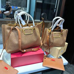 Bolso de mano tejido de gran capacidad para mujer, bolsos de hombro, bolso de ganchillo, herrajes metálicos de alta calidad, accesorios para letras, correas de hombro de cuero, bolsos de señora