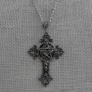 Grande Croix Pentacle Pentagramme 14K Or Collier Pendentif Floral Filigrane Victorien vintage Gothique Grand Cadeau pour Son Amulette de Protection