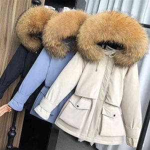 Abrigo de invierno con capucha de piel de mapache Natural grande para mujer, chaqueta de pato blanco 90%, Parkas gruesas y cálidas, prendas de vestir exteriores para mujer 210913