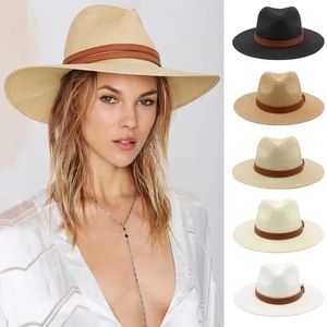 Grande taille 5658 5960 cm Panama naturel Panama Chapeau de paille Été hommes femmes largeur plage UV Protection Fedora Sun Wholesale 240403