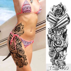 Grande taille tatouages temporaires Rose et pistolet fleur bras complet Tatoo manches femmes Sexy corps Art autocollants cuisse jambes tatouage