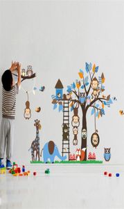 Grand arbre animaux Stickers muraux pour enfants chambre décoration singe hibou renard ours Zoo autocollants dessin animé bricolage enfants bébé maison décalcomanie Mur5494207