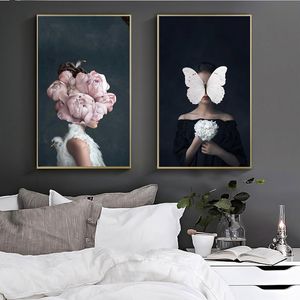 Grande taille nordique affiche toile impression fleurs papillon femme peinture à l'huile mur Art photos pour salon décor à la maison