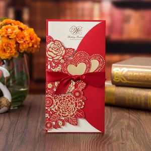 Invitaciones de boda cortadas con láser, tarjetas de impresión con flores doradas, corazones, boda personalizada