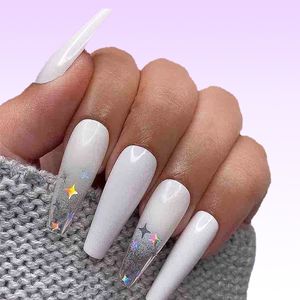 Láser estrellas blanco Ombre uñas prensa en ataúd bailarina gradiente uñas postizas Extra largas uñas postizas acrílico Halloween Navidad