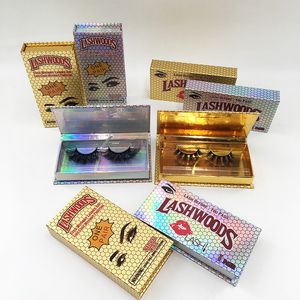 Caja de pestañas Lashwood, cajas de pestañas holográficas magnéticas Glod rectangulares vacías para pestañas individuales de visón de 25mm y 27mm