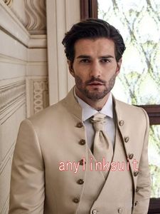 Mais recente design mais botões bege casamento homens ternos gola três peças negócios noivo smoking (jaqueta + calça + colete + gravata) W1138
