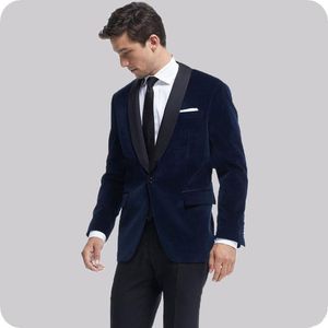 Último diseño Un botón Azul marino Terciopelo Boda Novio Esmoquin Chal Solapa Padrinos de boda Trajes de hombre Prom Blazer (chaqueta + pantalones + corbata) NO: 2055