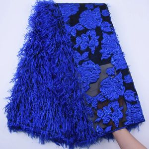 Tissu en dentelle de Tulle français bleu Royal, maille de plumes moelleuses, broderie africaine pour robe de mariée, dernière collection 240320