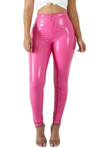 Pantalones de cuero de PU de látex para mujer, pantalones ajustados de color rosa y negro, ropa de calle, pantalón de lápiz de cintura alta, pantalones ajustados para mujer 240222