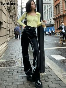 Lautaro printemps automne Long noir réfléchissant brillant en cuir verni pantalon droit femmes taille haute Y2K vêtements de rue 240104