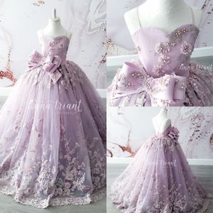 Vestido de baile con cuentas de lavanda, vestidos de desfile para niñas, tirantes finos, vestido de princesa con flores para niñas, vestido de primera comunión con apliques