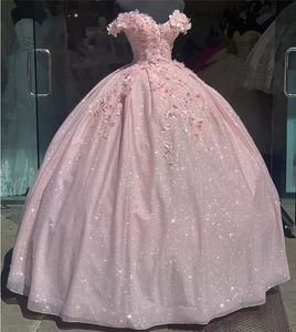 Lavanda Bling Lentejuelas Encaje Dulce 16 Vestidos de quinceañera 2022 Fuera del hombro Apliques florales 3D Vestido de corsé Vestidos de 15 años