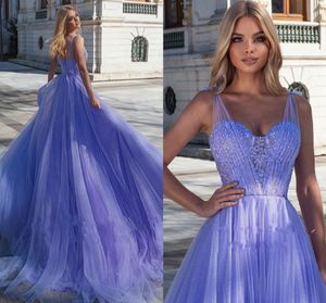 Lavender Sparkling Tulle Prom Dresses Spaghetti Straps Appliqued A-Line Evening Party Gowns Open Back Formal Vestidos Longo Robe De Soiree 2022