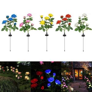 Lámparas de césped Lámpara de rosa de luz de flor solar de 5 cabezas 3 Led para decoración de jardín Patio de paisaje al aire libre a prueba de agua