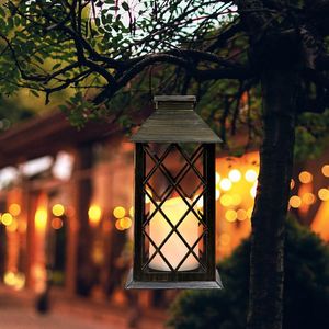 Lámparas de césped Lámpara alimentada por energía solar Retro Linterna Vela Luz parpadeante Impermeable Exterior Interior Jardín Decoración colgante