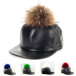 Casquette de baseball en cuir pom pom chapeaux de fourrure véritable style harajuku casquettes de mode snapback réglables pour femme et homme livraison gratuite