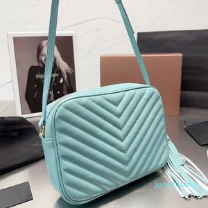 Bolsos cruzados de cuero para mujer, bolso de mano, bolso de hombro para cámara, colgante con borla, cierre de cremallera de piel de vaca, carteras de Color sólido de 22cm