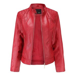 Veste en cuir femmes fermetures éclair printemps automne femmes veste en cuir PU col Mandarin rouge moteur motard manteau femme surdimensionné 210916