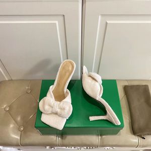 Semelle extérieure en cuir pantoufles pour femmes sandales mode haute qualité serviette douce tissu voyage ceinture arc chaussures habillées luxe talons hauts 10cm boîte de livraison 35-42