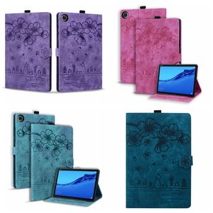 Étuis en cuir pour tablette pour Lenovo Tab M9 9 pouces Pad Pro 2022 11.2 P11 Pro2 M10 Plus 3 Gen 3rd TB-328XU Sakura Flower Wallet Retro Print Cherry Cat Holder Flip Cover Card Pouch