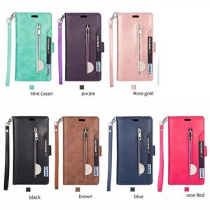 Étuis portefeuille en cuir multifonctions pour iPhone 15 Plus 14 13 Pro Max 12 11 X XS XR 8 7 6 Iphone15 Zipper Flip Cover Photo 9 ID Slot Card Holder Stand Pouch Purse Cover Strap