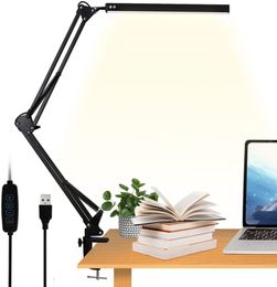 Lampe de bureau LED Eye-Caring Lampes de table à bras oscillant réglables avec pince liseuses Veilleuse pour étude Lecture Travail Tâche / Offi Confortable
