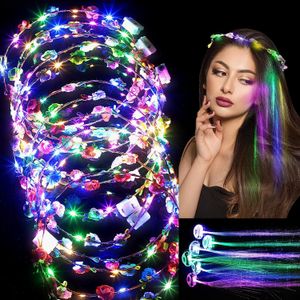 Bandeau de couronne de fleurs à LED et lumières LED Ensemble de cheveux 12 pièces Casque LED lumineux Illuminez les fleurs Guirlande Coiffe Coiffe Couronnes de fleurs brillent dans le noir pour les femmes