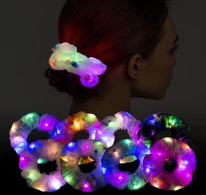 Chouchous à cheveux LED Stage Wear Rave Headwear Light Up Neon Satin Ponytail Élastique Cheveux Cravates Lumineux Glowing Hairring pour Femmes Fille Anniversaire Fête Faveur