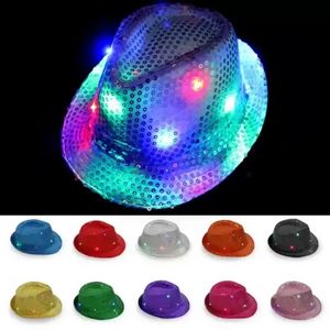 Sombreros de jazz LED Luz intermitente LED Fedora Trilby Lentejuelas Gorras Vestido de lujo Sombreros de fiesta de baile Lámpara de hip hop unisex Sombrero luminoso 0812