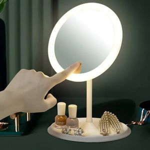 Miroir de maquillage à LED avec lampe légère avec berceau de rangement Miroir cosmétique rotatif Light Admabable Diminable USB Vanity Mirror 240425