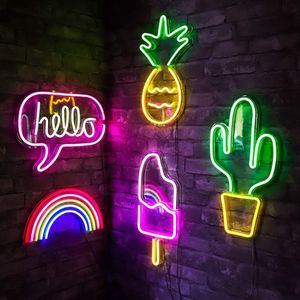 Letrero de neón LED, luz nocturna alimentada por USB, plátano, cactus, piña, árbol de coco, paleta de amor, Hola, rosa, luces de plano posterior para decoración de dormitorio