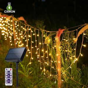 Luces de cadena de carámbanos solares LED Luces de cadena de cortina de vacaciones al aire libre 128led 256led 300led 3.7v 1200mAh panel solar grande 8 modos de trabajo