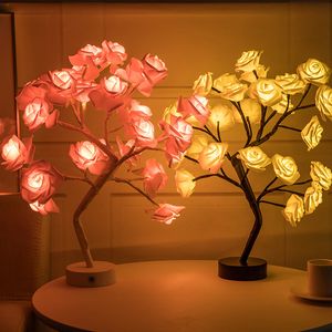 Lámpara de mesa LED luces rosa flor árbol USB luz de noche decoración del hogar fiestas Navidad boda dormitorio decoración