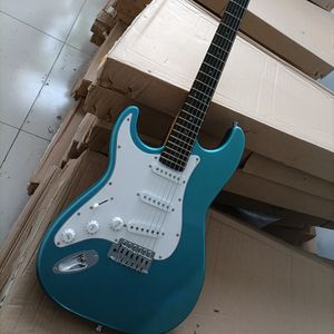 Guitarra eléctrica azul de 6 cuerdas de mano izquierda con incrustaciones de abulón, pastillas SSS, diapasón de arce amarillo personalizable