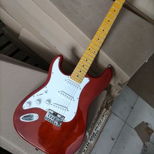 Guitare électrique rouge transparente 6 cordes main gauche avec micros SSS manche en érable jaune personnalisable