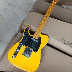Guitarra eléctrica amarilla de 6 cuerdas para mano izquierda con golpeador negro, diapasón de arce amarillo personalizable