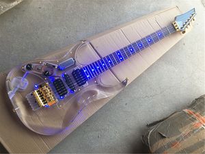 Guitare électrique à corps en acrylique avec lumière LED bleue pour gaucher, avec pont trémolo, touche en palissandre personnalisable