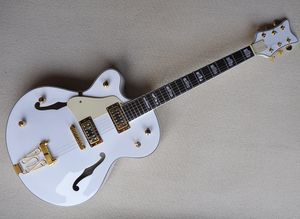 Guitare électrique semi-creuse blanche pour gaucher avec touche en palissandre, quincaillerie dorée, peut être personnalisée