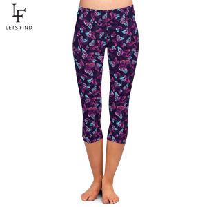 Leggings permet de définir une haute quail 3d Purple et Néon Pitraux imprimés en milieu mi-call 3/4 pantalon d'été Femmes sexy fitness Capri Leggings