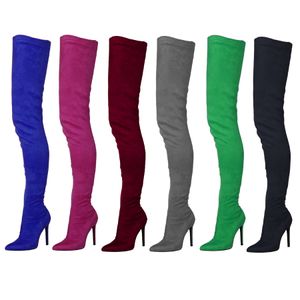 Bottes de jambe mince allongées en daim élastique bout pointu sexy sur la longueur du genou botte de créateur pour femmes noir rouge vert bleu talons hauts femme chaussures pour dames