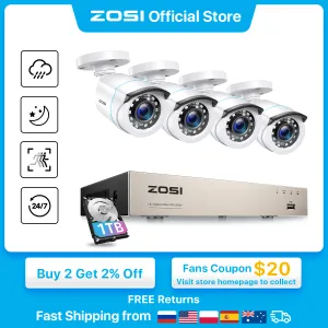 Lens Zosi Home Security System H.265 + 8ch DVR 4 / 8pcs 2.0MP 1080p Vision nocturne Kits de caméra imperméable de surveillance extérieure